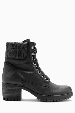 Black Leather Lace-Up Heeled Boots